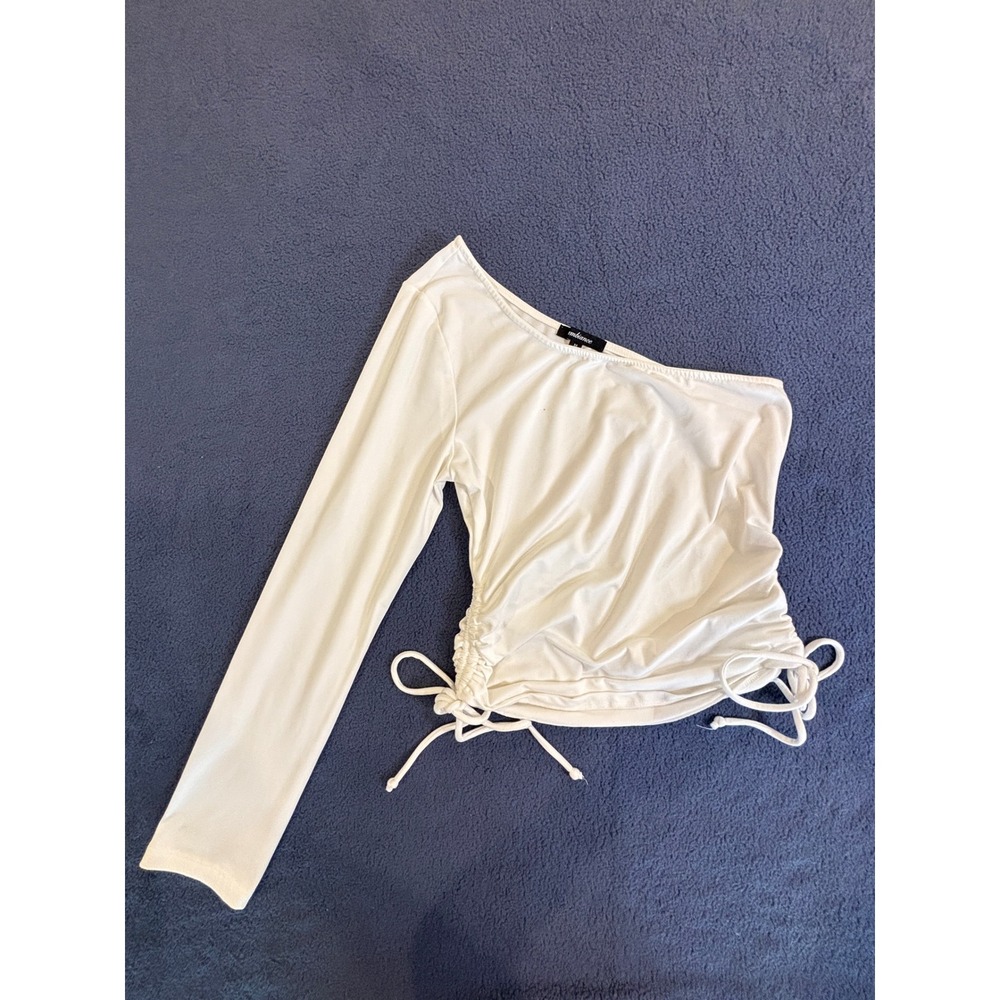 Ambiance Womens White One Shoulder Long Sleeve Ruched Side Crop Top Size M